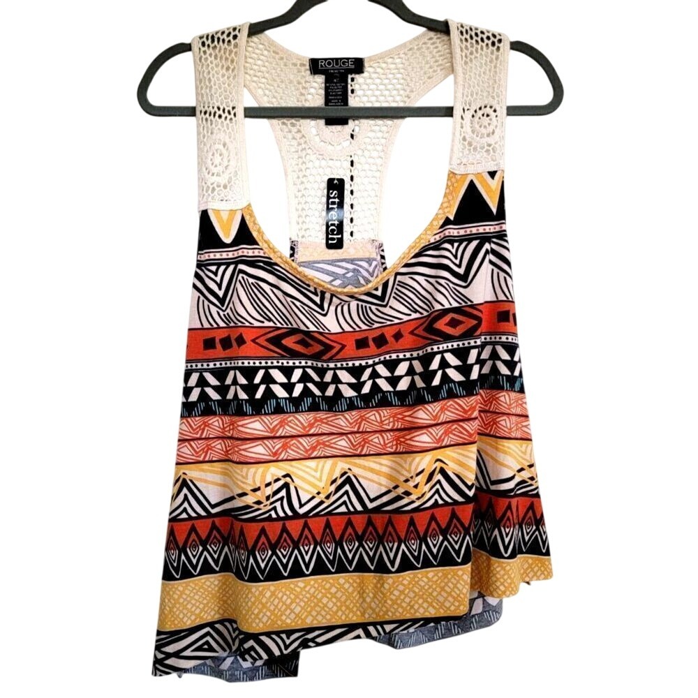 Rouge 4X Multicolor Southwestern‎ Racerback Stretch Tank Top Crochet Accent NWT
